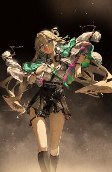 1girl absurdres aqua_necktie arkilide arm_up black_skirt black_socks blonde_hair blowing_bubble_gum blue_eyes breasts chewing_gum commentary earrings hair_belt hair_ornament headphones headphones_around_neck highres id_card jacket jewelry long_hair looking_at_viewer lynae_(wuthering_waves) medium_breasts necktie shirt signature skirt skull_hair_ornament socks solo star_(symbol) star_earrings thigh_strap thighs very_long_hair white_jacket white_shirt wuthering_waves