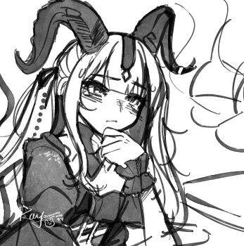 1girl arknights bang_dream! bang_dream!_it&#039;s_mygo!!!!! blush chinese_commentary closed_mouth commentary_request highres horns long_hair sidelocks solo togawa_sakiko togawa_sakiko_(master_of_melodia) wrist_cuffs yoyoray20001996