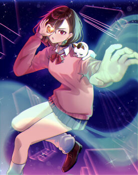1girl absurdres ayase_momo ball black_choker blue_skirt bow bowtie brown_eyes brown_hair brown_shoes cat choker collared_shirt commentary_request crossed_bangs dandadan earrings foot_out_of_frame glint hair_behind_ear hair_between_eyes highres holding holding_ball jewelry kami_high_school_uniform long_sleeves looking_at_viewer loose_bowtie loose_socks miniskirt on_shoulder open_mouth outstretched_arm pink_sweater pleated_skirt red_bow red_bowtie school_uniform shirt shoes short_hair skirt sky socks star_(sky) starry_sky sweater thighs turbo_granny_(dandadan) white_shirt white_socks zerotsu_0215