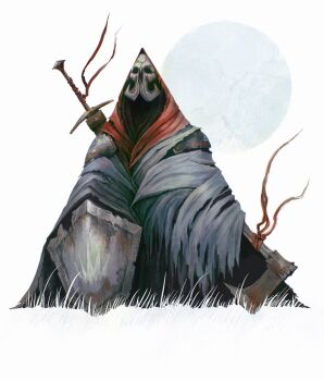 Rule 34 | 1other, alexandre chaudret, axe, cloak, geometry, holding, holding shield, hood, hood up, math, moon, original, reflection, shield, skull, sword, sword on back, triangle, weapon, weapon on back, white background