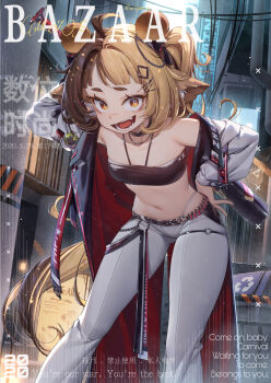 1girl 2020 absurdres ahoge alley animal_ear_fluff animal_ears bandeau baseball_bat belt black_bandeau black_belt black_collar breasts brown_eyes brown_hair chinese_commentary chinese_text coat collar commentary_request cross cross_necklace de_da_xianyu deer_ears deer_girl english_text feet_out_of_frame hair_ornament hand_on_own_hip highres jewelry leaning_forward light_bulb long_hair long_sleeves looking_at_viewer multicolored_coat multicolored_hair navel necklace o-ring off_shoulder one_side_up open_clothes open_coat open_mouth original outdoors pants power_lines red_coat small_breasts smile solo split-color_hair standing translation_request two-sided_coat two-sided_fabric two-tone_coat two-tone_hair utility_pole very_long_hair watermark white_coat white_pants x_hair_ornament