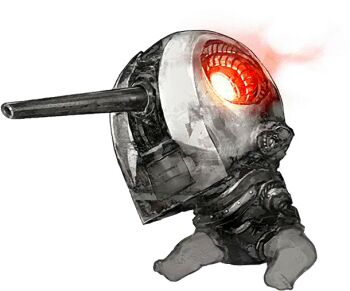 1other abyssal_ship akira_(kadokawa) artillery_imp barefoot glowing glowing_eyes kantai_collection legs no_humans official_art red_eyes rigging ship_turret simple_background smoke solo third-party_source transparent_background