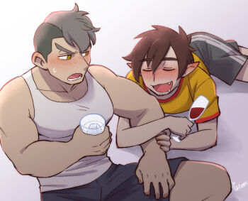 Rule 34 | 2boys, alcohol, all saints street, arm hug, black shorts, blush, brown hair, closed eyes, cup, damao (all saints street), drinking glass, drooling, drunk, ear blush, facial hair, fang, goatee stubble, grey hair, grey shorts, holding, holding cup, ira blood, looking at another, lower teeth only, lying, male focus, mohawk, mouth drool, multiple boys, muscular, muscular male, on floor, on stomach, open mouth, pointy ears, red trim, red wine, shirt, short hair, shorts, sitting, smile, stubble, sweatdrop, tank top, teeth, v-shaped eyebrows, wata wow, white tank top, wine, wine glass, yellow eyes, yellow shirt