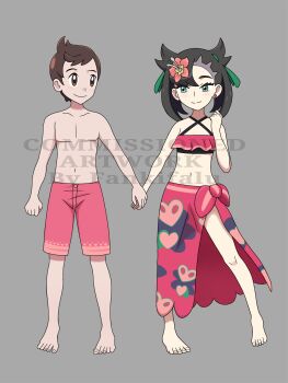 1boy 1girl absurdres ahoge aqua_eyes arm_at_side armpit_crease arms_at_sides asymmetrical_bangs barefoot bikini black_hair brown_eyes brown_hair character_name child clenched_hand collarbone crease cross-laced_clothes cross-laced_top earrings eye_contact eyelashes fankifalu feet flat_chest flower flower_on_head full_body grey_background hair_flower hair_ornament halterneck hand_up happy heel_up highres holding_hands japanese_text jewelry knees legs light_blush long_hair looking_at_another male_swimwear marnie_(pokemon) marnie_(summer_2021)_(pokemon) matching_hair/eyes midriff multicolored_bikini navel neck nintendo no_headwear official_alternate_costume official_style pale_skin pigeon-toed pink_bikini pink_sarong pink_swim_trunks pokemon pokemon_masters_ex pokemon_swsh print_sarong sarong scan short_hair smile standing stomach stud_earrings swim_trunks swimsuit thick_eyebrows thighs toenails toes topless_male twintails two-tone_bikini undercut victor_(pokemon) watermark