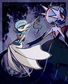 1girl alternate_color artist_name back backless_dress backless_outfit bags_under_eyes bare_shoulders black_dress black_gloves blue_hair blue_skin bob_cut border chromatic_aberration closed_mouth colored_skin dated dress elbow_gloves expressionless female_focus flat_chest from_behind full_body gardevoir gen_3_pokemon gloves grey_background grey_border hair_over_one_eye hand_on_own_arm highres long_dress looking_at_viewer looking_back mega_evolution_symbol mega_gardevoir mega_pokemon mr_h202 multicolored_skin multiple_views nintendo one_eye_covered orange_eyes outside_border pokemon pokemon_(creature) red_eyes shiny_pokemon short_hair signature strapless strapless_dress two-tone_skin white_skin