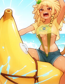 1girl alternate_costume animal_ears banana_boat bananajuju blonde_hair brazilian_flag brazilian_flag_print breasts brown_eyes brown_tail crop_top day denim denim_shorts dreadlocks flag_print highres indie_virtual_youtuber large_breasts long_hair monkey_ears monkey_girl monkey_tail navel nisekameko open_clothes open_mouth open_shorts outdoors print_shirt shirt short_shorts short_sleeves shorts slingshot_swimsuit solo swimsuit tail underboob virtual_youtuber yellow_shirt yellow_slingshot_swimsuit