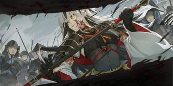 1girl armor black_hair blood blood_on_face breasts collar fate/grand_order fate_(series) green_eyes hair_between_eyes highres japanese_armor long_hair long_sleeves medium_breasts metal_collar multicolored_hair multiple_boys nagao_kagetora_(fate) open_mouth polearm sash shoulder_armor sidelocks smile sode solo_focus spear tesin_(7aehyun) two-tone_hair weapon white_hair wide_sleeves yellow_sash