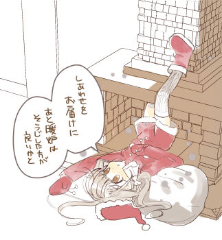 1girl blush boots chimney christmas dress fur-trimmed_headwear fur_trim hat highres long_hair long_sleeves lying mittens on_back original red_dress sack santa_costume santa_hat solo thighhighs twintails yano_sou