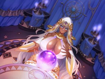 1girl action_taimanin alternate_costume aoi_nagisa_(metalder) bare_shoulders blue_eyes breasts cleavage curvy dark-skinned_female dark_elf dark_skin dutch_angle eleonor_(taimanin_rpgx) elf full_body game_cg green_eyes highleg hood hoodie huge_breasts lilith-soft long_hair long_sleeves official_alternate_costume official_art orb pelvic_curtain pointy_ears revealing_clothes see-through_clothes shiny_skin sideboob sitting taimanin_(series) very_long_hair white_hair wide_hips