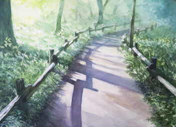 absurdres bush commentary_request day fence forest grass highres kazuyuki_hashimoto nature no_humans original outdoors painting_(medium) path plant post_and_rail_fence road scenery shadow sunlight tall_grass traditional_media tree weeds wooden_fence