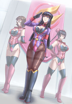 3girls absurdres black_hair blue_eyes boots breasts brown_hair commission corruption dark_persona glasses gundam gundam_00 hand_on_own_hip high_heel_boots high_heels highres large_breasts leebigtree leotard marina_ismail mind_control multiple_girls pantyhose pixiv_commission salute shirin_bakhtiar standing thighhighs wang_liu_mei