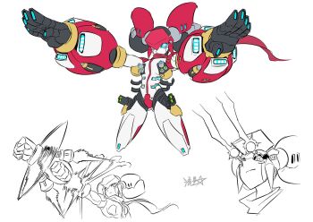 1girl android arm_cannon blue_sclera boots cannon colored_sclera cyborg glowing glowing_eyes headgear humanoid_robot joints machine machinery mecha mechanical_arms mechanical_legs mechabare multiple_views original robot robot_joints rocket_punch ryuusei_(mark_ii) simple_background single_mechanical_arm tesla_coil weapon white_background