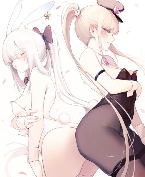 animal_ears blonde_hair blush bow bowtie brooch cherry_blossoms falling_petals hair_ornament hat highres jewelry len_(maplestory) leotard maplestory orchid_(maplestory) peaked_cap petals playboy_bunny purple_eyes rabbit_ears rabbit_hair_ornament rabbit_tail red_eyes se_tu_(55559229) twintails white_hair wrist_cuffs