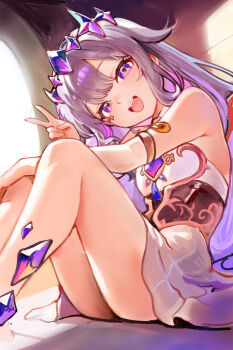 1girl :d black_corset chest_jewel colored_inner_hair corset dress gem grey_hair highres hololive hololive_english jewel_under_eye knees_up koseki_bijou koseki_bijou_(1st_costume) long_hair looking_at_viewer material_growth multicolored_hair open_mouth purple_gemstone purple_hair seafoodisgood087 sitting smile solo teeth upper_teeth_only v virtual_youtuber white_dress