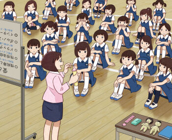 Rule 34 | 6+girls, :d, :o, black socks, blue skirt, blush, brown hair, commentary, condom, condom packet strip, condom wrapper, doll, gym, hugging own legs, indoors, kiyo (kyokyo1220), kneehighs, knees up, multiple girls, open mouth, original, panties, photoshop (medium), pink shirt, ponytail, school uniform, sex ed, shirt, shoes, short hair, short twintails, sitting, skirt, smile, socks, surprised, twintails, underwear, uwabaki, white panties, white socks