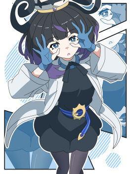 1girl blue_gloves blunt_bangs coat dress gloves gwynn_(pokemon) hat kanbei_(pixiv11037490) long_sleeves nintendo open_clothes pokemon pokemon_legends:_z-a purple_eyes purple_hair short_hair white_coat