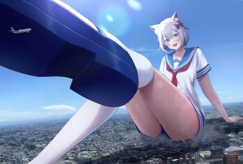 1girl aircraft airplane blue_eyes blue_sailor_collar blue_shoes blue_shorts building cat_girl cloud commentary commission from_below giant giantess glasses highres hydrocatvt_(vtuber) looking_at_viewer mountain numaguro_(tomokun0808) original road sailor_collar shoes shorts skeb_commission solo