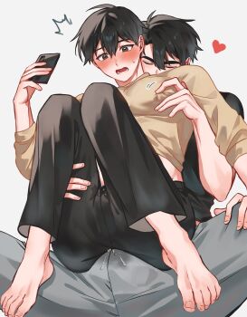 2boys absurdres black_hair black_shirt blush bulge commentary cooperative_grinding english_commentary erection erection_under_clothes full_body grinding highres holding holding_phone kim_dokja knees_together_feet_apart long_sleeves male_focus midriff multiple_boys notice_lines omniscient_reader's_viewpoint papercider phone precum precum_through_clothes shirt short_hair sitting sitting_on_lap sitting_on_person suggestive_fluid sweatdrop teamwork_(sexual) variant_set yaoi yellow_shirt yoo_joonghyuk