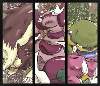 alolan_form alolan_muk black_border border claws closed_mouth commentary_request drapion fangs gen_4_pokemon gen_7_pokemon green_eyes ken_hollow nintendo no_humans open_mouth pokemon pokemon_(creature) pokemon_focus skuntank trait_connection