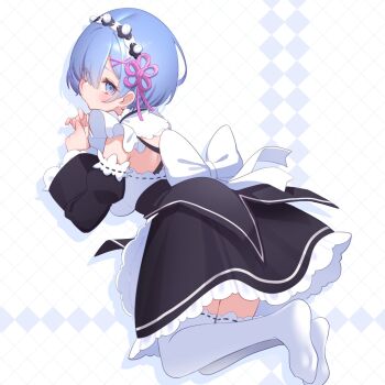 1girl black_dress black_sleeves blue_eyes blue_hair blush breasts commentary_request detached_sleeves dress eyes_visible_through_hair frilled_dress frills hair_ornament hair_over_one_eye hair_ribbon highres looking_at_viewer maid no_shoes pink_ribbon re:zero_kara_hajimeru_isekai_seikatsu rem_(re:zero) ribbon ribbon-trimmed_clothes ribbon-trimmed_dress ribbon_trim roswaal_mansion_maid_uniform short_hair skoll_world solo thighhighs white_thighhighs wide_sleeves x_hair_ornament