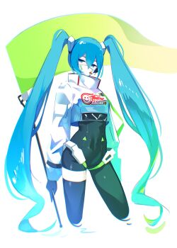 1girl absurdly_long_hair asymmetrical_legwear belt black_belt black_bodysuit blue_eyes blue_hair blue_thighhighs bodysuit callalily_art commentary covered_mouth cropped_jacket cropped_legs double-parted_bangs english_commentary flag gloves goodsmile_company goodsmile_racing gradient_hair green_flag hair_between_eyes hair_ornament hairclip hatsune_miku high_collar highres holding holding_flag jacket long_hair long_sleeves looking_to_the_side mask mismatched_legwear mouth_mask multicolored_hair official_alternate_costume print_jacket racing_miku racing_miku_(2022) sideways_glance solo thighhighs twintails very_long_hair vocaloid white_background white_mask wrist_belt