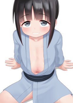 1girl arm_support atg_(wttoo0202) bare_stomach black_hair blue_eyes blue_kimono blunt_bangs blush clenched_teeth collarbone cowboy_shot elementary_school_age female_focus flat_chest grin highres japanese_clothes kimono knees_apart_feet_together kunoichi_tsubaki_no_mune_no_uchi loli long_sleeves looking_at_viewer mokuren_(kunoichi_tsubaki_no_mune_no_uchi) navel obi open_clothes open_kimono sash short_hair short_kimono sidelocks simple_background sitting smile solo sweat teeth white_background