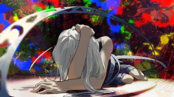 Rule 34 | 1girl, abstract, arm support, black dress, colorful background, commentary request, covered face, crescent print, dress, foreshortening, full body, hair over face, hand on own head, highres, kaigen 1025, lying, on side, overlighting, sleeveless, sleeveless dress, solo, touhou, yuiman asama