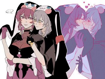 2girls black_dress black_gloves breasts cleavage closed_eyes closed_mouth commentary commission d0600059994959 dress english_commentary french_kiss gloves grey_hair heart highres honkai:_star_rail honkai_(series) hood hood_up kafka_(honkai:_star_rail) kiss long_hair multiple_girls purple_eyes purple_gloves purple_hair second-party_source simple_background smile stelle_(honkai:_star_rail) sweat trailblazer_(honkai:_star_rail) white_background yellow_eyes yuri