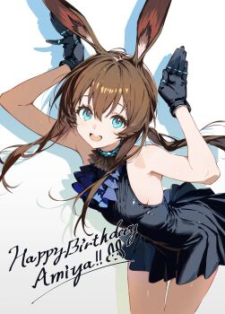 1girl :d absurdres amiya_(arknights) animal_ear_fluff animal_ears arknights arms_up bare_shoulders black_dress black_gloves blue_eyes breasts brown_hair character_name commentary_request dress fino gloves hair_between_eyes happy_birthday highres leotard long_hair open_mouth pleated_dress ponytail rabbit_ears sideboob sleeveless sleeveless_dress small_breasts smile solo very_long_hair