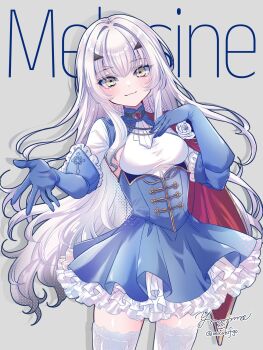 1girl aiguillette blue_cape blue_dress blue_gloves blush breasts cape character_name dress elbow_gloves fate/grand_order fate_(series) flower forked_eyebrows gloves highres long_hair long_sleeves looking_at_viewer melusine_(fate) melusine_(second_ascension)_(fate) outstretched_arm rose sidelocks small_breasts smile solo thighhighs thighs white_hair white_thighhighs yamuimo yellow_eyes