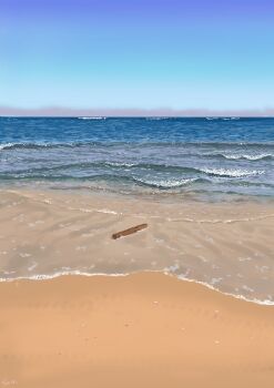 absurdres beach blue_sky commentary_request driftwood highres horizon nishinishikyo11 no_humans ocean original scenery seashell shell sky waves