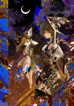 2girls absurdres black_hair commentary dress english_commentary hat highres kevin_adi long_sleeves moon multiple_girls original puffy_sleeves standing white_dress white_hair witch_hat