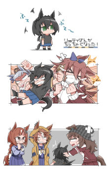 &gt;_&lt; 6+girls aged_down animal_ears beanie beer_hsk black_hair black_shirt blank_eyes blue_bow blue_skirt bow braid brown_hair brown_jacket brown_pants clenched_teeth closed_eyes commentary_request crossed_bandaids crown_braid dictus_striker_(umamusume) ear_bow ears_down ears_through_headwear emoji gold_ship_(umamusume) green_eyes grey_hair grey_hat grin hair_between_eyes hands_in_pockets hat highres hood hood_up hooded_jacket horse_ears horse_girl horse_tail ikuno_dictus_(umamusume) jacket kin&#039;iro_ryotei_(umamusume) long_hair mask mouth_mask multicolored_hair multiple_girls nakayama_festa_(umamusume) open_clothes open_jacket orfevre_(old_design)_(umamusume) pants pleated_skirt punching purple_shirt purple_skirt school_uniform shirt short_sleeves skirt smile squiggle stiff_tail streaked_hair striped_clothes striped_headwear tail teeth tracen_school_uniform track_jacket track_pants track_suit translation_request umamusume vertical-striped_clothes vertical-striped_headwear very_long_hair white_hair