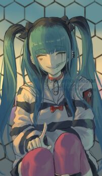 1girl ^_^ amemiya_darumi black_bow black_hair blue_hair bow choker closed_eyes commentary ear_piercing face_piercing facial_mark facing_viewer grin hair_bow heart heart_facial_mark highres long_hair makeup multicolored_hair piercing pink_thighhighs pointing red_bow red_choker roots_(hair) runny_makeup safety_pin shirt smile solo striped_clothes striped_shirt symbol-only_commentary the_hundred_line_-last_defense_academy- thighhighs twintails twitter_username umeumeumestar watermark