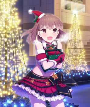 1girl :d armband bag bare_shoulders bell_bow black_skirt blush bow bowtie breath brown_hair building christmas christmas_lights cowboy_shot crop_top dot_nose fur-trimmed_headwear fur_trim game_cg gloves green_bag green_bow green_bowtie hair_ornament hairclip hat holding holding_bag holly_hair_ornament layered_skirt looking_at_viewer medium_hair midriff mini_hat mini_santa_hat mizushina_waka night official_art open_mouth outdoors pink_eyes pink_pupils pom_pom_(clothes) red_armband red_gloves red_hat red_skirt santa_hat skirt smile solo stairs star_(symbol) star_ornament third-party_source tilted_headwear toji_no_miko toji_no_miko:_kizamishi_issen_no_tomoshibi white_skirt