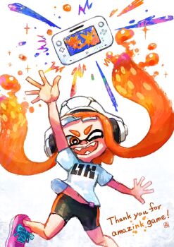Rule 34 | 1girl, ;d, arm up, bike shorts, black shorts, fangs, game console, headphones, highres, inkling, inkling girl, inkling player character, long hair, maki splakugaki, navel, nintendo, one eye closed, open mouth, orange eyes, orange hair, pink shoes, shirt, shoelaces, shoes, short sleeves, shorts, smile, sneakers, solo, splatoon (series), splatoon 1, t-shirt, tentacle hair, thank you, v-shaped eyebrows, very long hair, white background, white shirt, wii u