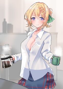 1girl absurdres blonde_hair blouse blue_skirt braid braided_bun breasts cleavage coffee_mug coffee_pot commentary_request commission cowboy_shot cup dress_shirt hair_bun highres kantai_collection komb looking_at_viewer loose_clothes loose_shirt medium_breasts mug perth_(kancolle) plaid_clothes plaid_skirt pleated_skirt purple_eyes school_uniform shirt short_hair skirt smile solo split_mouth steam white_shirt
