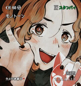 Rule 34 | 1boy, :d, androgynous, bishounen, black nails, blonde hair, blush, bright pupils, claw pose, commentary, english commentary, halloween, highres, holding, looking at viewer, male focus, open mouth, pie1513507, po-uta, portrait, shirt, short hair, smile, solo, viewfinder, vocaloid, wavy hair, white pupils