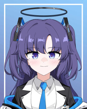 1girl absurdres black_jacket blue_archive blue_background blush closed_mouth collared_shirt commentary halo highres id_card jacket long_hair looking_at_viewer purple_eyes purple_hair r_qr shirt smile solo two_side_up upper_body white_shirt yuuka_(blue_archive)