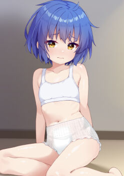 1girl barefoot blue_hair blush bra closed_mouth diaper frown gochuumon_wa_usagi_desu_ka? highres indoors jouga_maya looking_at_viewer navel on_floor panties short_hair sitting solo training_bra underwear white_bra win_opz yellow_eyes yokozuwari