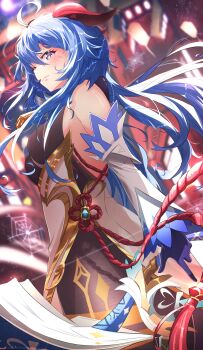 1girl absurdres ahoge architecture bare_shoulders bell blue_hair bodystocking breasts chinese_knot commentary_request cowbell detached_sleeves east_asian_architecture eiryu33 flower_knot from_side ganyu_(genshin_impact) genshin_impact gloves goat_horns hair_between_eyes highres horns looking_at_viewer medium_breasts neck_bell outdoors purple_eyes purple_gloves solo white_sleeves