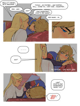 1boy 1girl artist_name blonde_hair blue_eyes blush border closed_eyes couple earrings english_text gold_trim half-closed_eyes hand_on_another&#039;s_arm hetero highres jewelry link long_hair looking_at_another medium_hair military_uniform nintendo official_alternate_costume parted_bangs parted_lips pointy_ears princess_zelda pyonteo royal_guard_set_(zelda) shirt sidelocks sleeping smile spoken_blush spoken_sweatdrop sweatdrop the_legend_of_zelda the_legend_of_zelda:_breath_of_the_wild the_legend_of_zelda:_tears_of_the_kingdom upper_body waking_up white_border white_shirt