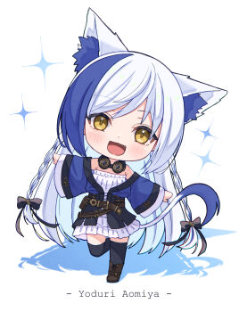 1girl animal_ear_fluff animal_ears anku aomiya_yozuri belt black_thighhighs blue_hair blue_jacket blush cat_ears cat_girl cat_tail chibi chibi_only commentary_request deformed fang goggles goggles_around_neck highres indie_virtual_youtuber jacket leg_up long_hair looking_at_viewer multicolored_hair open_mouth shirt sidelocks simple_background skirt solo sparkle streaked_hair tail thighhighs virtual_youtuber white_background white_hair white_shirt white_skirt yellow_eyes zettai_ryouiki