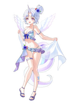 1girl ayatsuno_yuni bead_armlet bikini bow bowtie breasts cleavage collarbone commentary_request flower frilled_bikini frills full_body grey_hair hair_bun hair_flower hair_ornament highres horse_tail medium_breasts nanna_(heyj2888) navel open_mouth purple_bow purple_bowtie purple_eyes purple_flower purple_sandals sandals see-through_clothes see-through_frills simple_background solo stellive swimsuit tail thigh_strap unicorn_girl unicorn_horn virtual_youtuber white_background white_bikini wings
