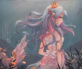 1girl absurdres air_bubble antenna_hair bare_shoulders blue_eyes blue_hair blush breasts bubble choker commentary coral coral_hair_ornament crop_top crown earrings english_commentary fish frilled_shirt frills from_behind hair_between_eyes hair_ornament highres jewelry light_rays long_hair long_sidelocks looking_at_viewer looking_back medium_breasts mermaid monster_girl multicolored_hair ocean original palisha-arts pearl_belt pink_hair pink_scales pink_tail pointy_ears princess ribbon ribbon_earrings seaweed shell shell_hair_ornament shirt sidelocks signature single_earring solo starfish_hair_ornament tail two-tone_hair underwater underwater_city watermark white_choker white_ribbon