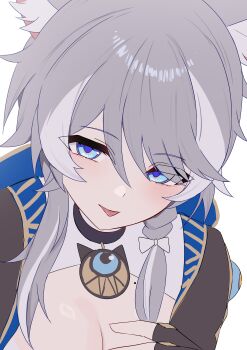 1girl absurdres anima_miko animal_ears blue_eyes blush braid breasts cat_ears cat_girl cipher_(honkai:_star_rail) cleavage highres honkai:_star_rail honkai_(series) hood large_breasts looking_at_viewer short_hair solo tongue tongue_out upper_body