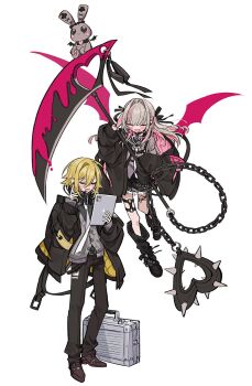 1boy 1girl blonde_hair flying highres leg_tattoo makaino_ririmu microphone nijisanji scythe smile standing suitcase tattoo thigh_strap uzuki_kou virtual_youtuber yoe777ty