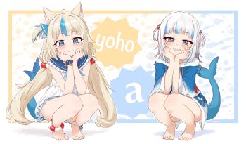 2girls a_(phrase) absurdres ameneko_kuro animal_costume animal_ears barefoot blonde_hair blue_eyes blue_hair blue_hoodie blush breasts cat_ears closed_mouth dress feet fins fish_girl fish_tail gawr_gura gawr_gura_(1st_costume) hair_ornament highres hololive hololive_english hood hoodie indie_virtual_youtuber loli long_hair looking_at_viewer low_twintails medium_hair multicolored_hair multiple_girls one_side_up sameko_saba shark_costume shark_girl shark_hair_ornament shark_tail sleeveless sleeveless_dress small_breasts smile streaked_hair tail twintails two_side_up very_long_hair virtual_youtuber voice_actor_connection white_dress white_hair