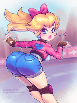 1girl absurdres ass bent_over blonde_hair blowing_kiss blue_eyes blue_shorts blush bow breasts brown_gloves denim denim_shorts earrings female_focus fingerless_gloves gloves hair_bow heart heart_print highres huge_ass jacket jewelry knee_pads large_breasts lipstick long_hair long_sleeves looking_at_viewer looking_back makeup mario_(series) mario_kart mario_kart_world nail_polish nintendo official_alternate_costume open_clothes open_jacket parted_lips pink_bow pink_jacket pink_lips pink_nails ponytail presenting presenting_ass princess_peach princess_peach_(touring) print_jacket puckered_lips racetrack shirt shorts sideboob supersatanson teeth white_shirt