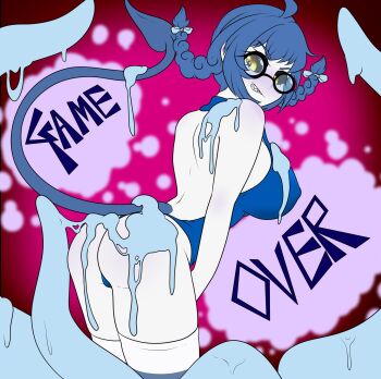 1girl ahoge angry ass backless_leotard bare_shoulders black_sclera blue_hair blue_leotard bow braid breasts cameltoe colored_sclera colored_skin covered_erect_nipples crotch curvy demon demon_girl demon_tail female_focus game_over glasses grey_skin highleg highleg_leotard highres indie_virtual_youtuber large_breasts leaning_forward leotard looking_back round_eyewear sharp_teeth sideboob skin_tight slime slime_(creature) socks_agency solo striped_clothes striped_thighhighs tail teeth tentacles thighhighs tiefling twin_braids twintails ual_youtuber virtual_youtuber yellow_eyes yomi_quinnley